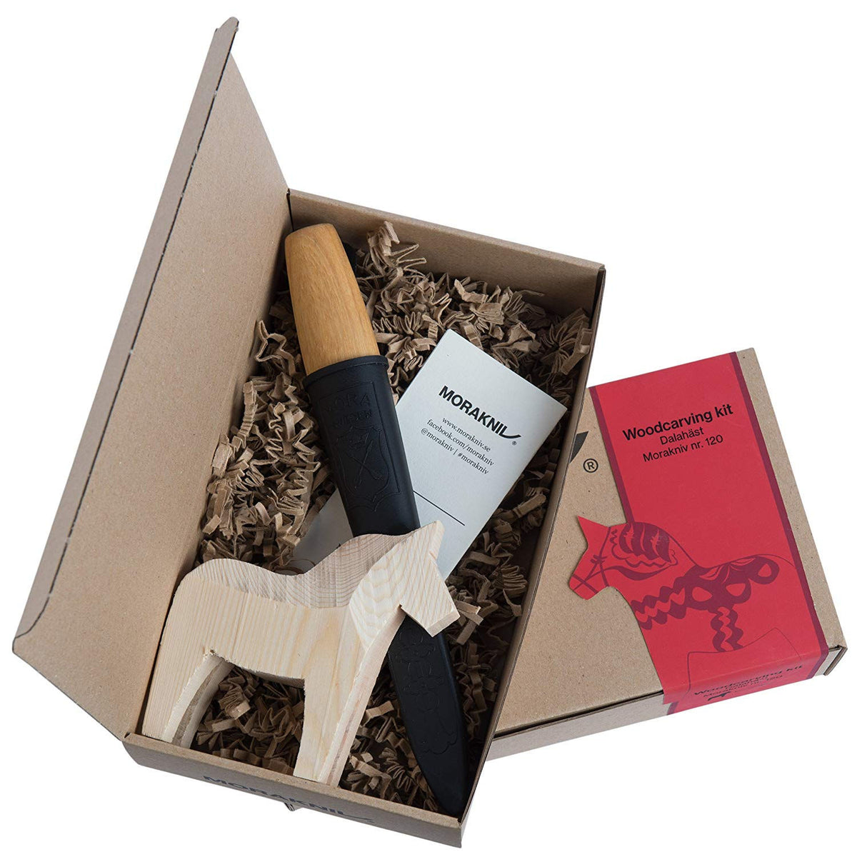 Morakniv Dala Horse Carving Kit in gift box with knife , sheath and wooden blank.