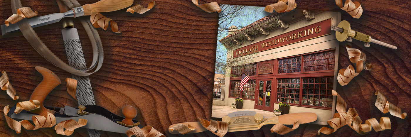 Photo of Highland Woodworking storefront in collage with hand tools and shavings on wooden background
Welcome to our store. Our small family business specializes in fine woodworking tools & supplies. Our premium quality selection includes tools from Lie-Nielsen, Festool & many other top brands. We focus on providing personal customer service. Our knowledgeable staff is eager to guide you along your woodworking journey.