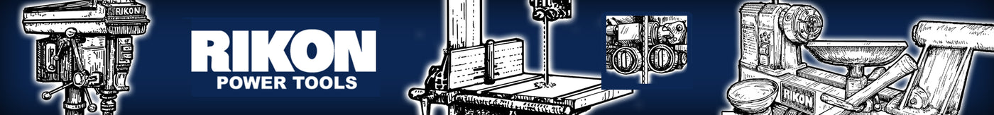 Rikon Power Tools banner with lathe, drill press & bandsaw drawings