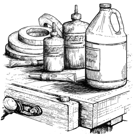 Collection of adhesives and tapes on a workbench