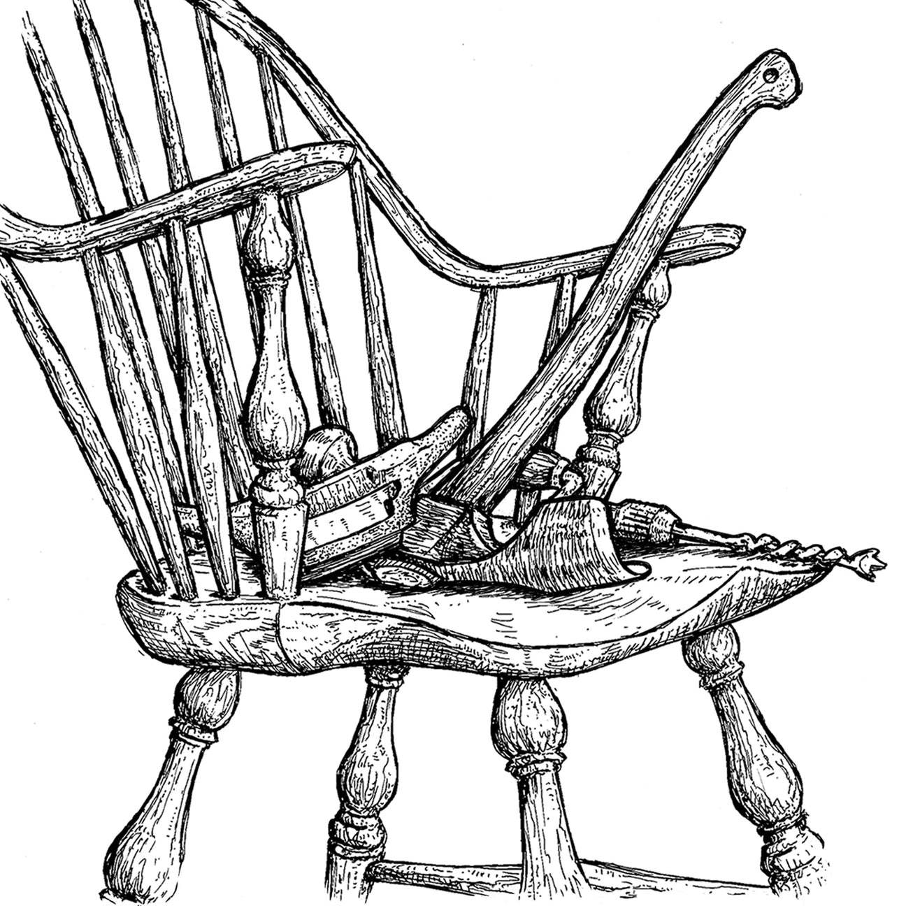 Windsor chair with chairmaking tools