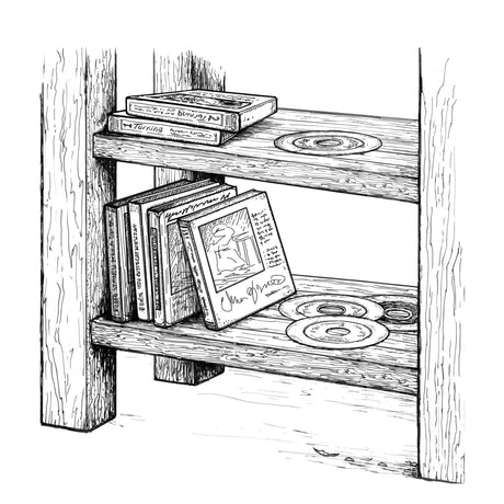 DVDs stacked on a wood shelf