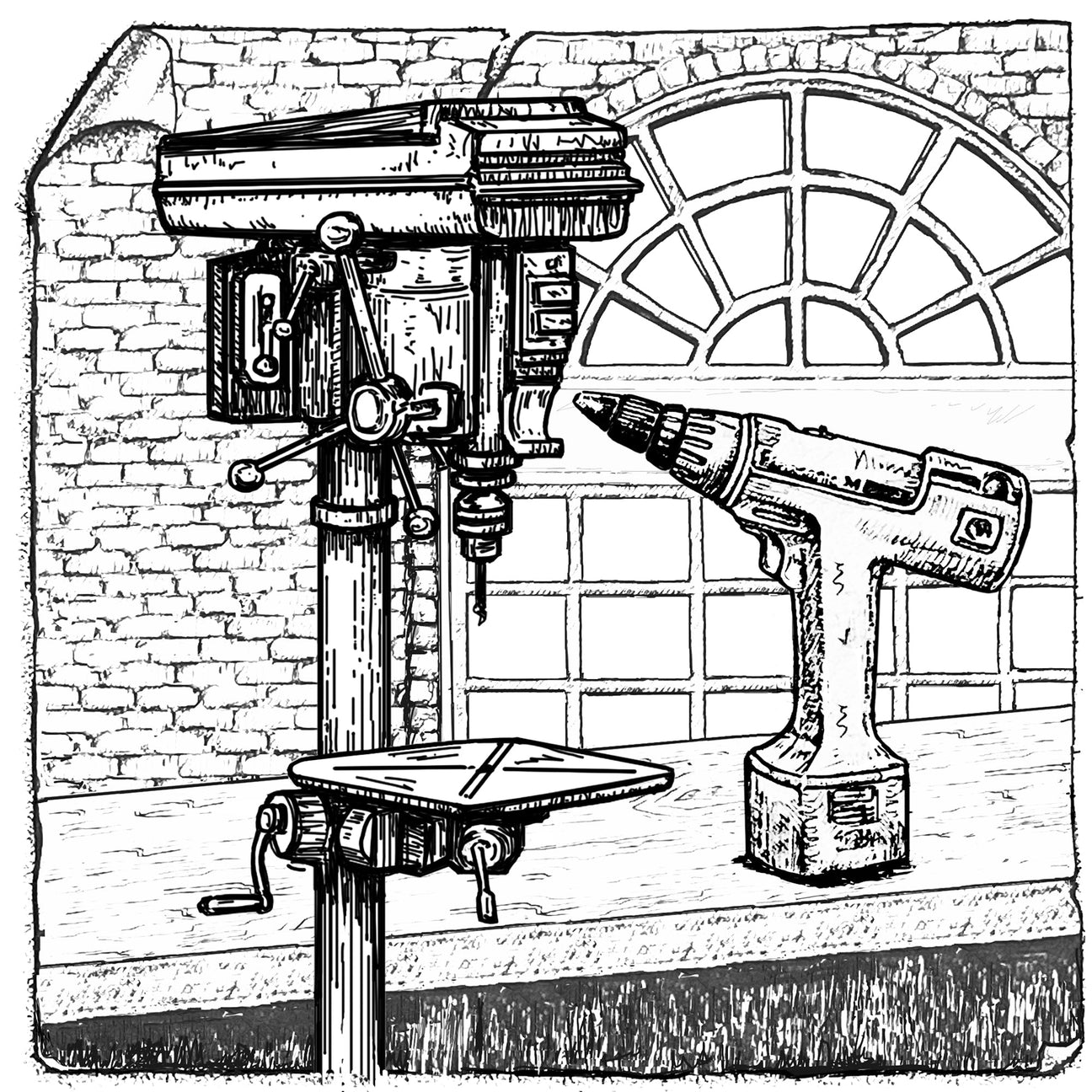 Drill press and hand power drill in front of arch window