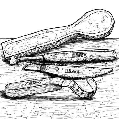 Spoon carving tools with roughed out wood spoon blank