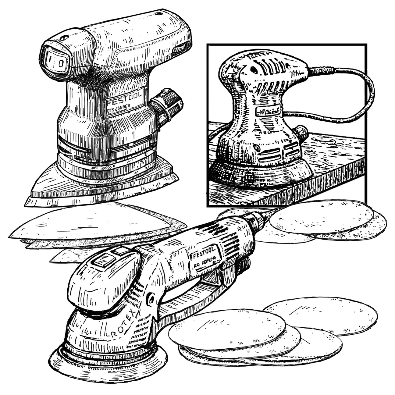 RO Sanders with sanding discs