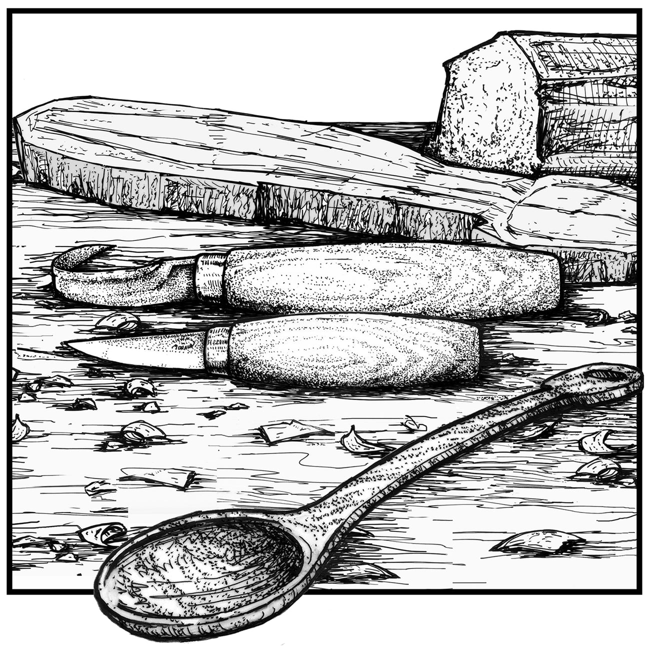 Carved wooden spoon with spoon carving tools