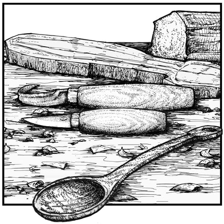 Carved wooden spoon with spoon carving tools