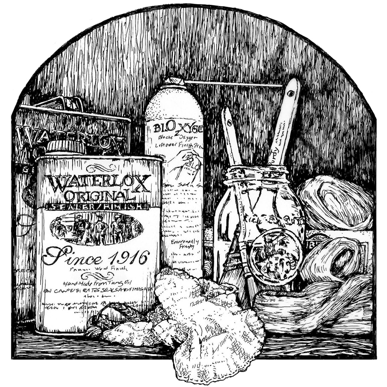 Wood finishing supplies and wood finishing book on a workbench beside a chair being finished