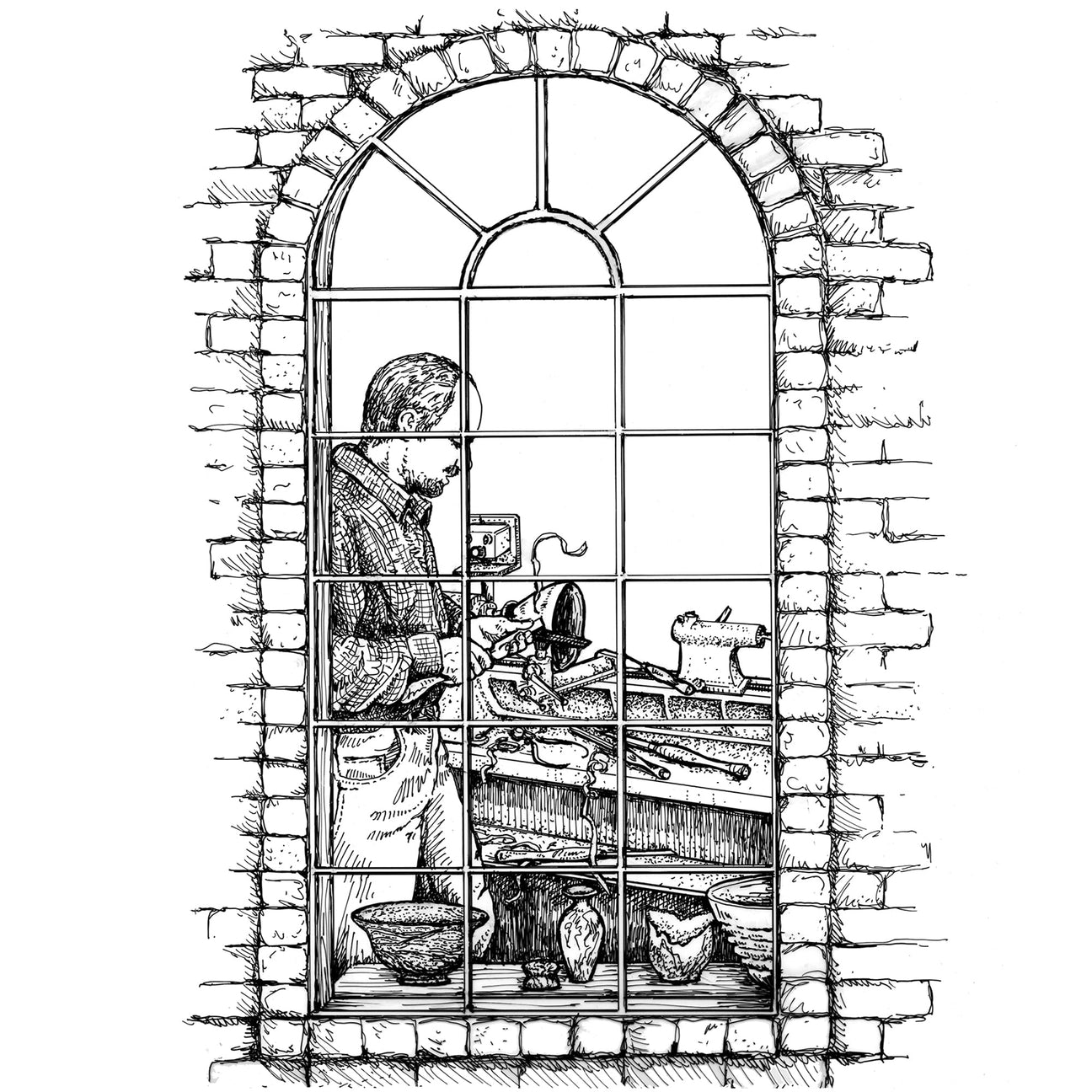 looking through arched window at a turner working on a lathe