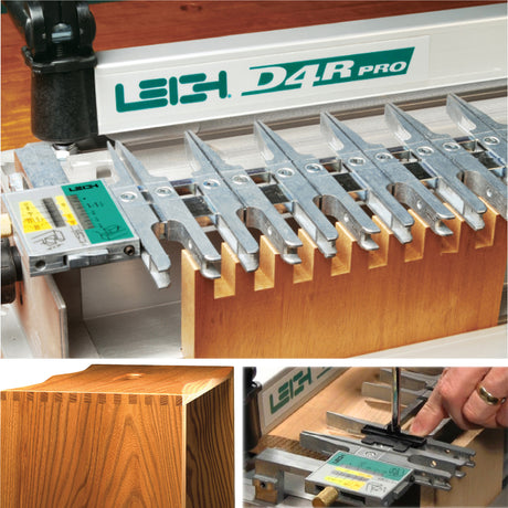 Leigh D4R Pro 24 inch Dovetail Jig collage showing sample, set-up and simple adjustment