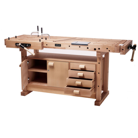 Ramia Multi-Bench 2000 Workbench Complete Package with accessories. workbench is shown with one door and three drawers open.