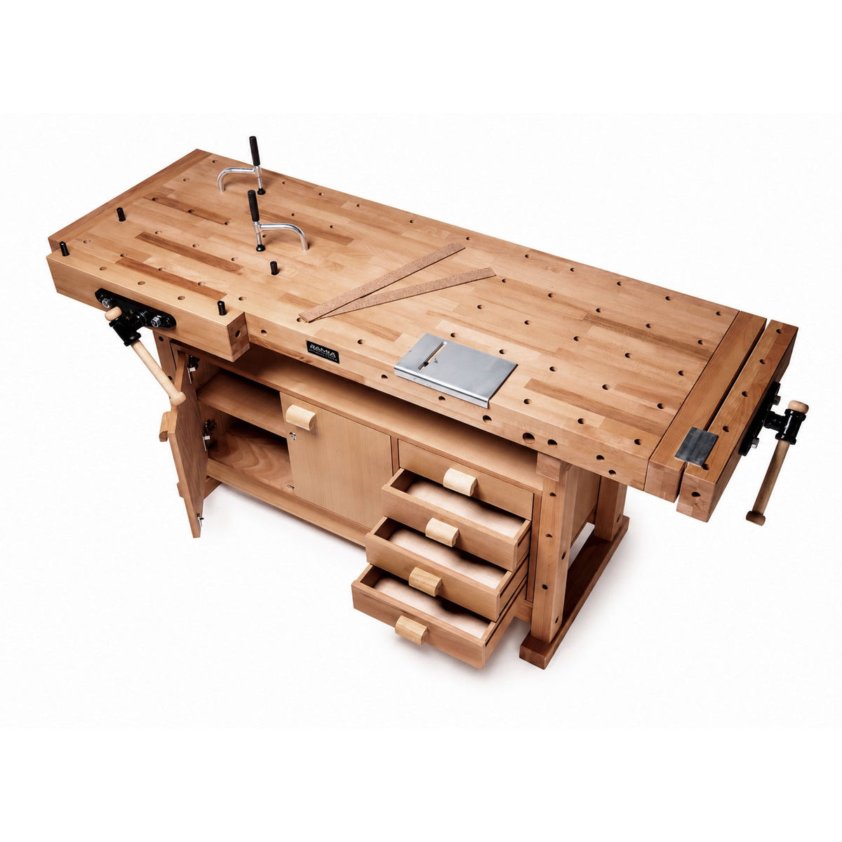 Ramia Multi-Bench 2000 Workbench Complete Package with accessories. Workbench is shown from the top - with one door and three drawers open.