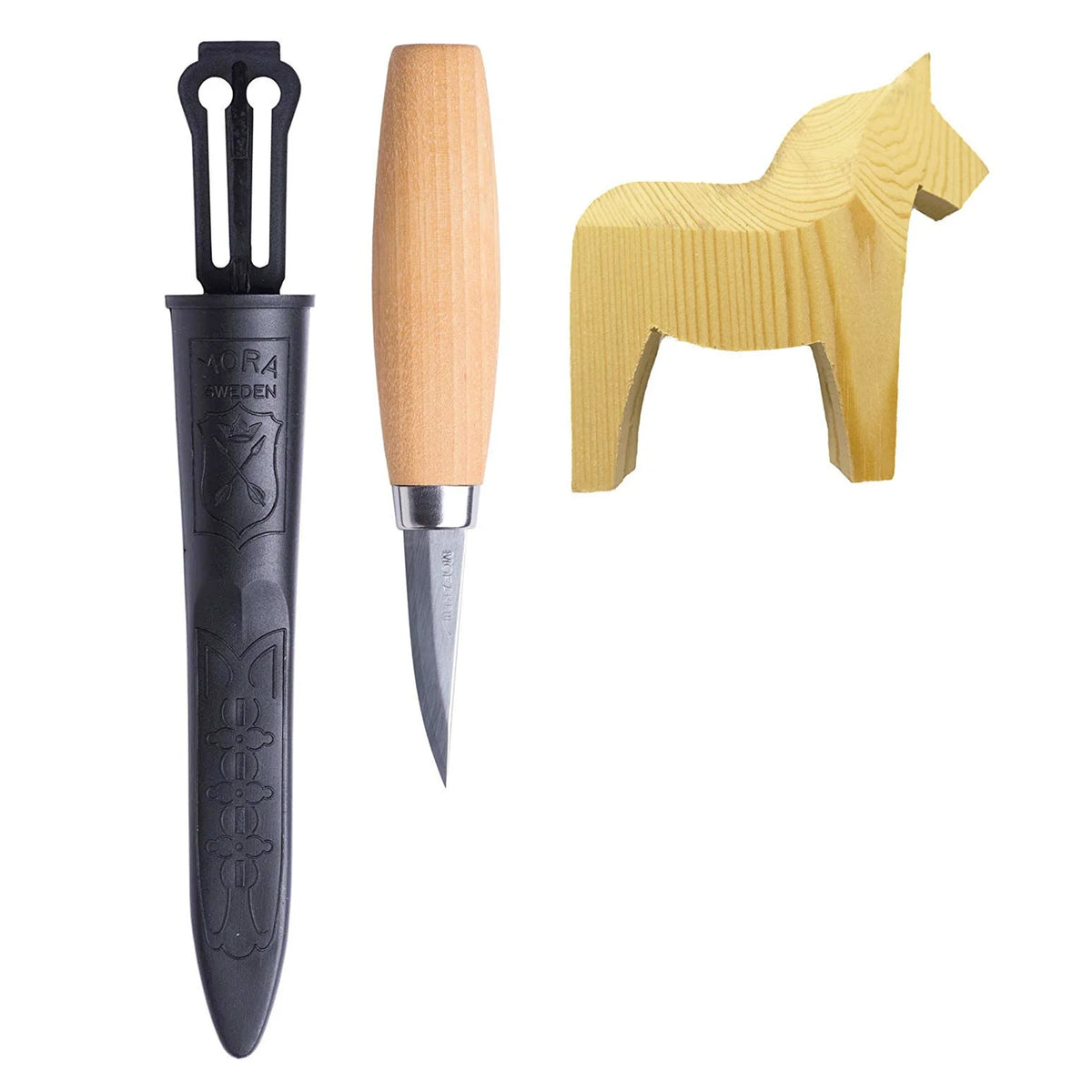 Morakniv Dala Horse Carving Kit with knife , sheath and wooden blank.