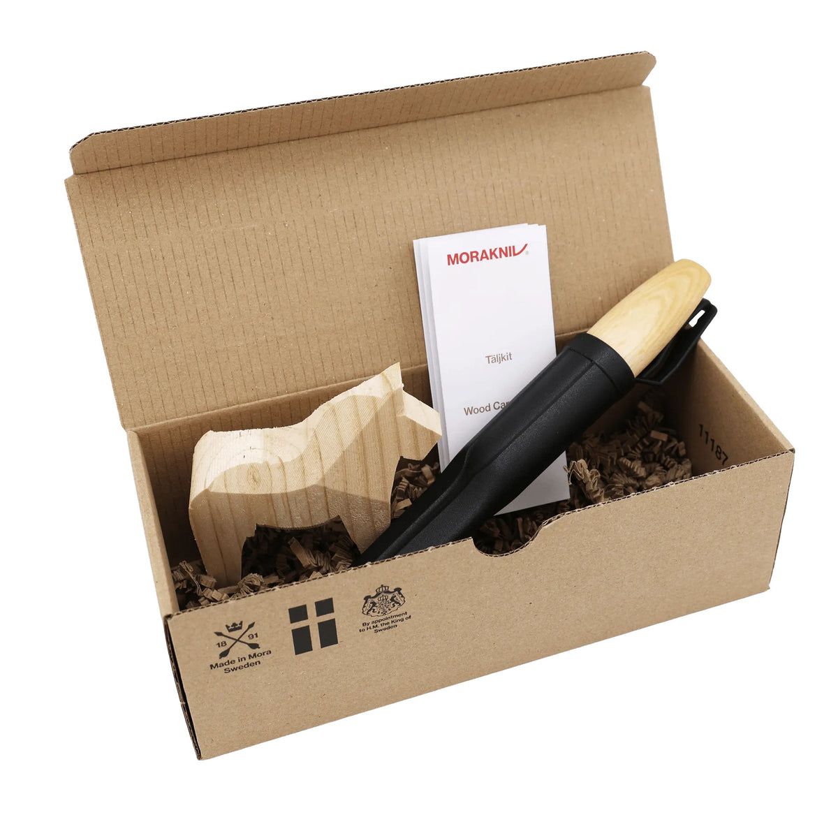 Morakniv Dala Horse Carving Kit in box with knife , sheath and wooden blank.