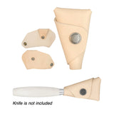 Leather sheath for Morakniv 163 Hook Knife - front view, rear view and closed view.