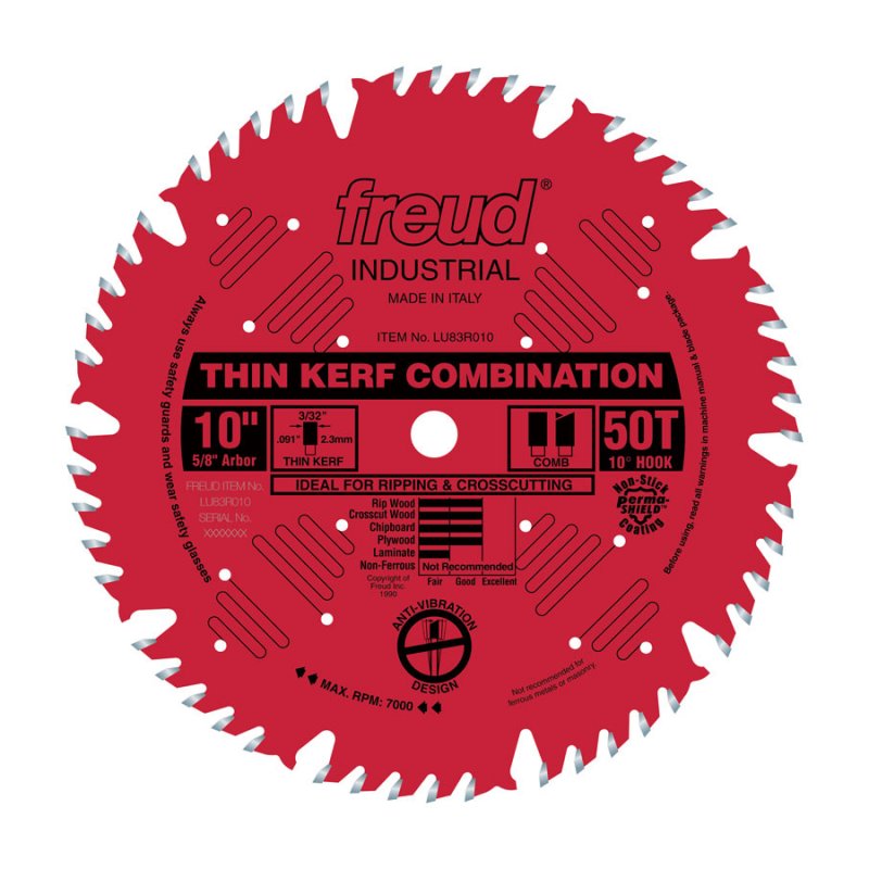 Freud Thin Kerf Combination Blade: 10" x 50 Tooth - 3/32" Kerf