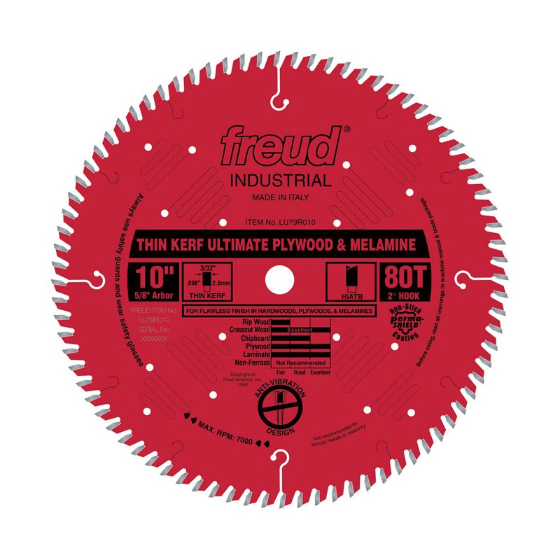 Freud Thin Kerf Ultimate Plywood & Melamine Blade: 10" x 80 Tooth - .098" Kerf