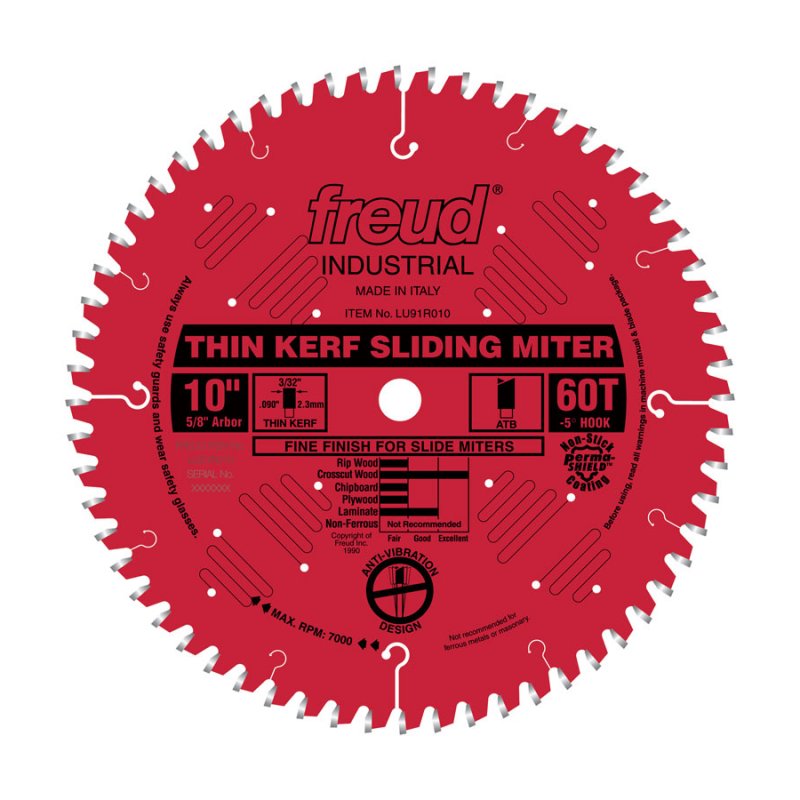 Freud 10" Thin Kerf Sliding Miter Blade: 10" x 60 Tooth - .090" Kerf
