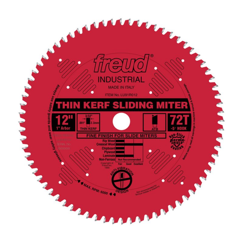 Freud 12" Thin Kerf Sliding Miter Blade: 12" x 72 Tooth - .090" Kerf