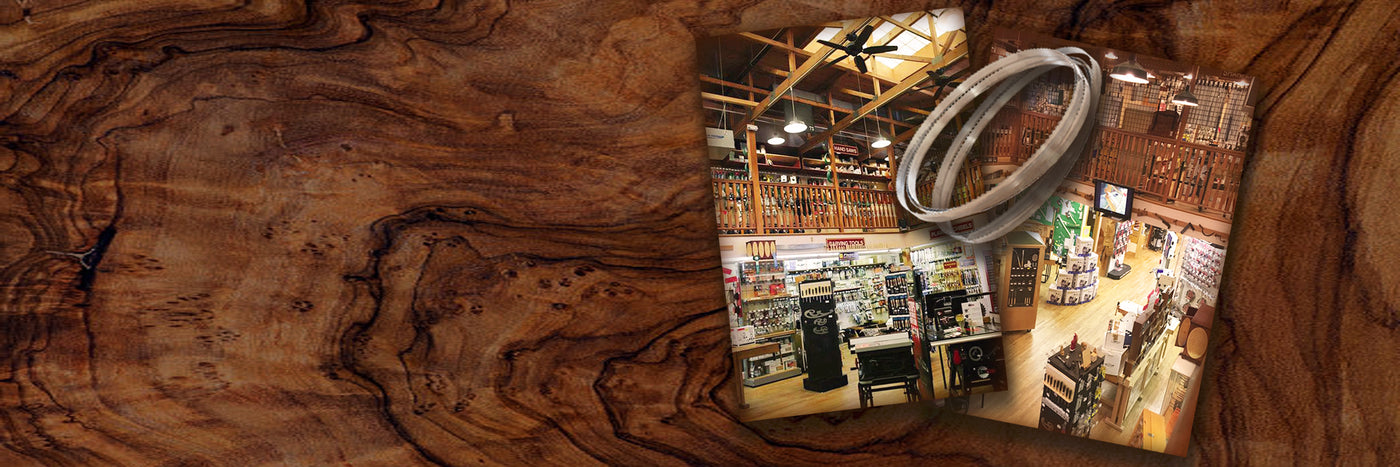 Photos of showroom of Highland Woodworking in collage with bandsaw blades on wood background
Come demo some tools!
If you are in the Atlanta area, stop by and find out why we are nicknamed 'Hand Tool Heaven'. Plan for plenty of time to browse! We are the exclusive US home of the legendary Wood Slicer resaw bandsaw blade. Try one out, we guarantee your satisfaction. We look forward to seeing you.